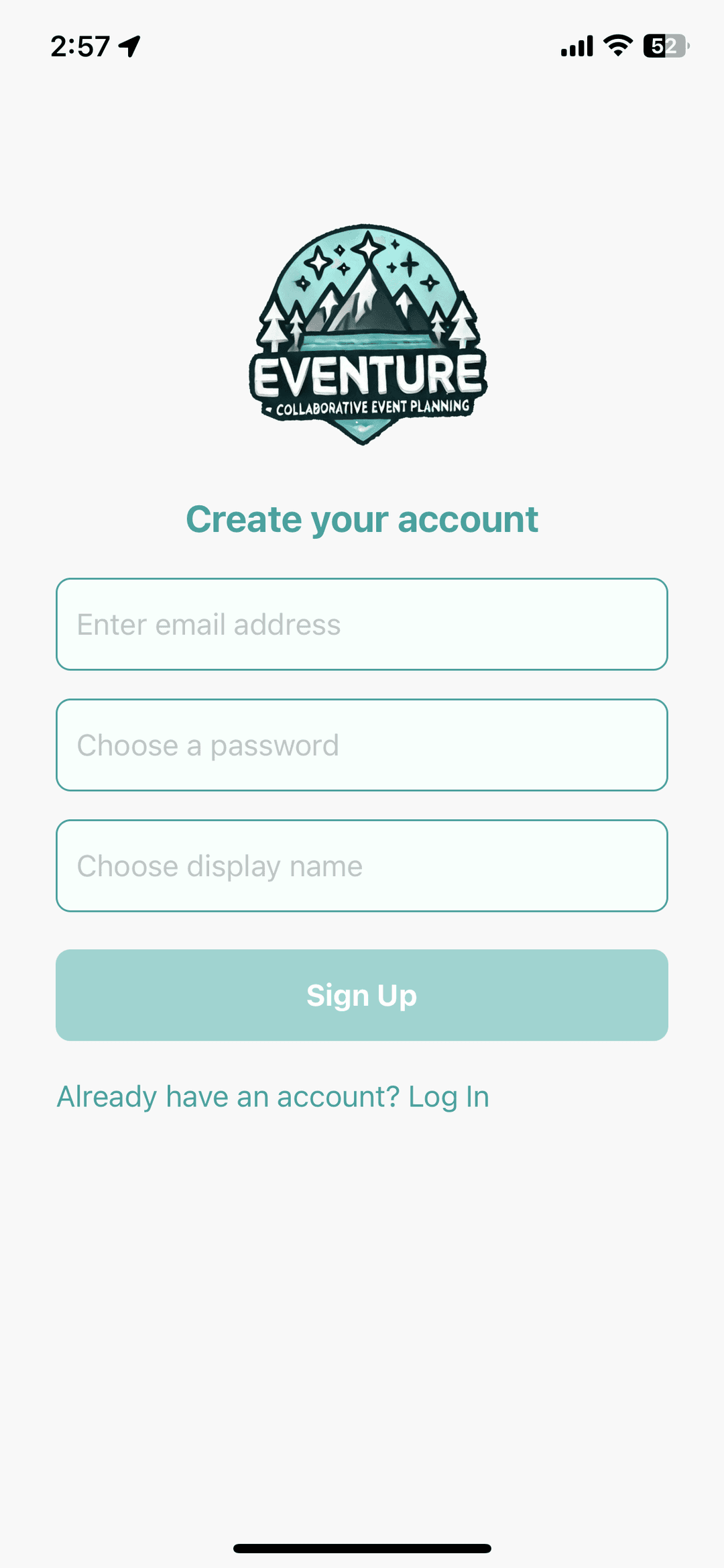 Screenshot of Eventure account creation page
