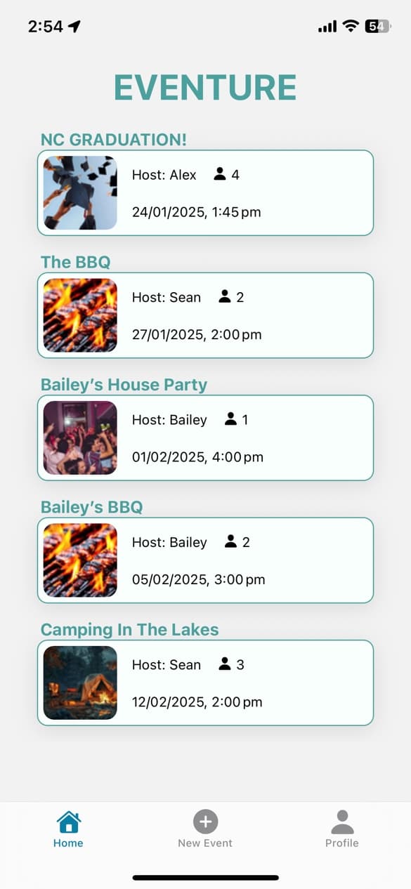 Screenshot of Eventure event list page